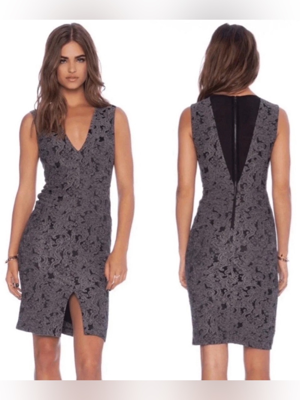 Alice + Olivia Black and Gray Lace Midi Sheath Dress